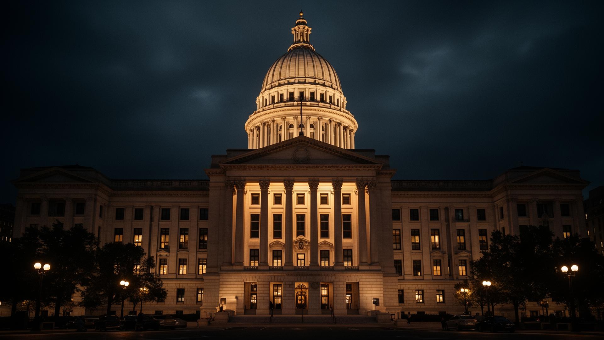 City hall building illuminated at night